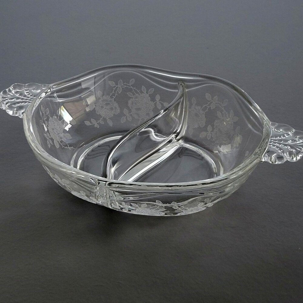 Fostoria Willowmere Oval 2 Part Relish Dish, Etched Floral Design, Vintage USA